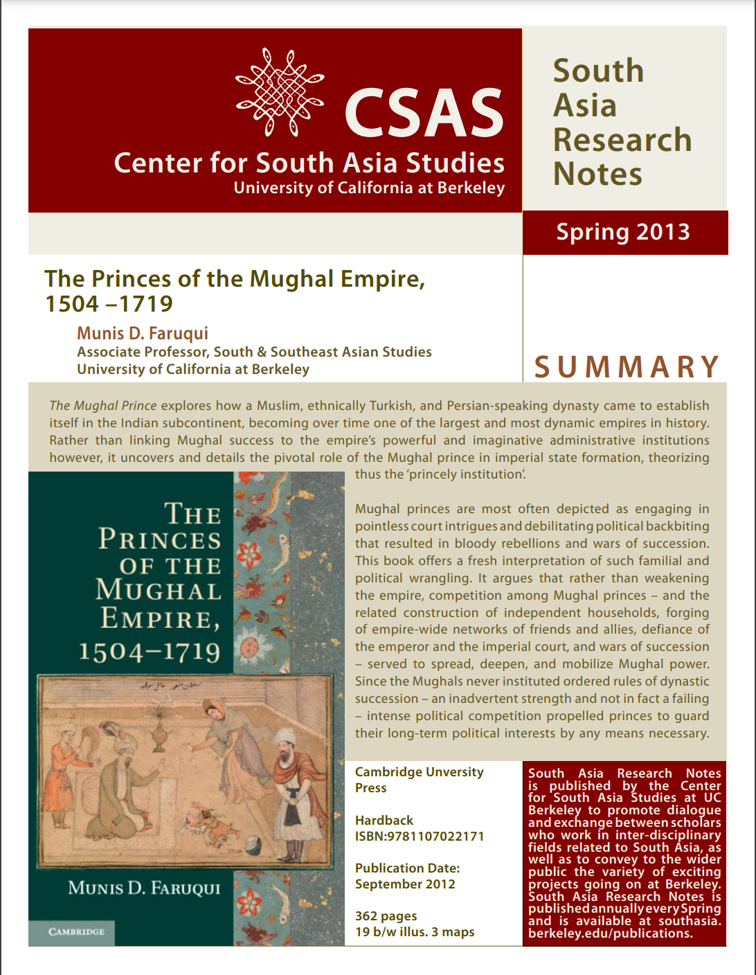 Cover image of SA Research Notes, Spring 2013 by Munis D. Faruqui