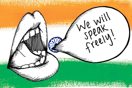 Comic of a mouth in front of the Indian flag