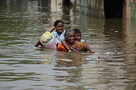 People wading in flood waters