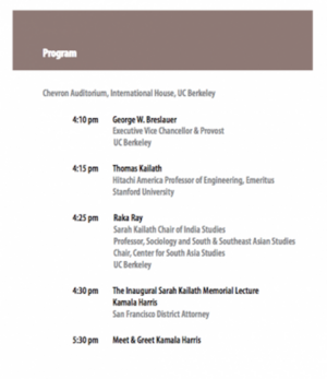 Program of inaugural Sarah Kailath Memorial Lecture by Kamala D. Harris